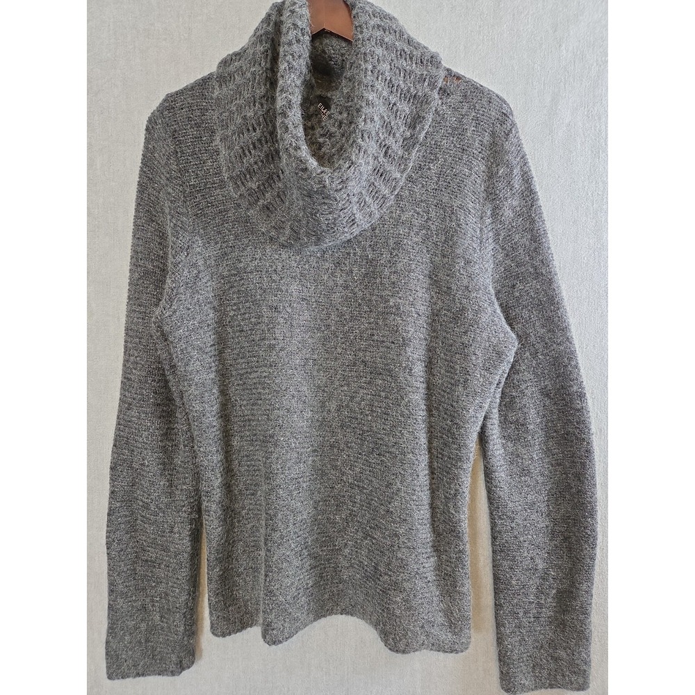 Eileen Fisher L Gray Wool Mohair Blend Fuzzy Knit Sweater Lattice Cowl Old Money
